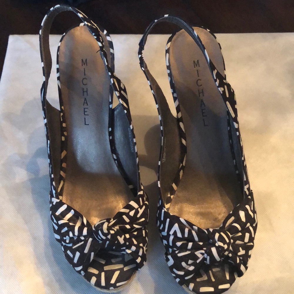 Michael tie knot fabric perp toe back strap cork & braid trim high wedges